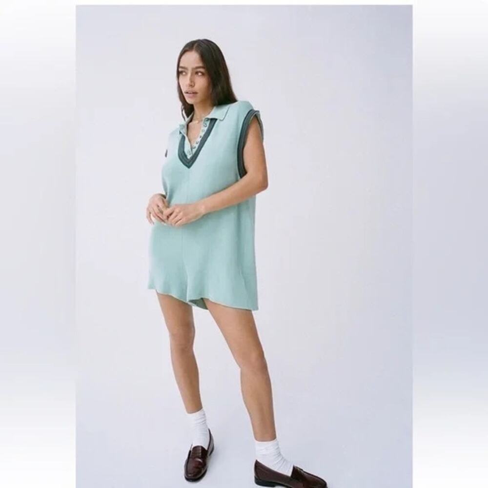 Urban Outfitters Small Lauryn Collared Knit Romper Teal Green Preppy Polo Shorts